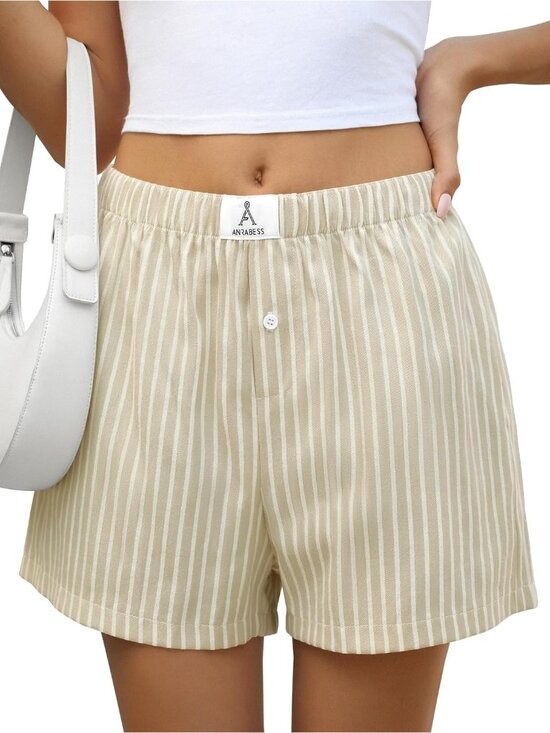 Pants - Women's Apricot White Wide Stripe Shorts for Gingham  Summer Lounge Sleep Short
